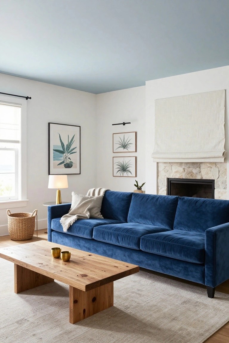 Living room with navy blue velvet three-seater sofa, wooden coffee table, beige rug, white walls, pale blue ceiling, stone fireplace, and plant art.