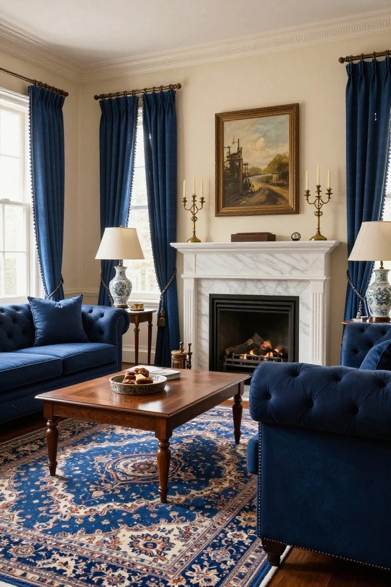 A cozy living room with navy blue tufted velvet sofas and armchairs arranged around a wooden coffee table, facing a marble fireplace flanked by blue and white lamps and candelabras, with matching navy velvet curtains on the windows and a blue and cream oriental rug on the floor.
