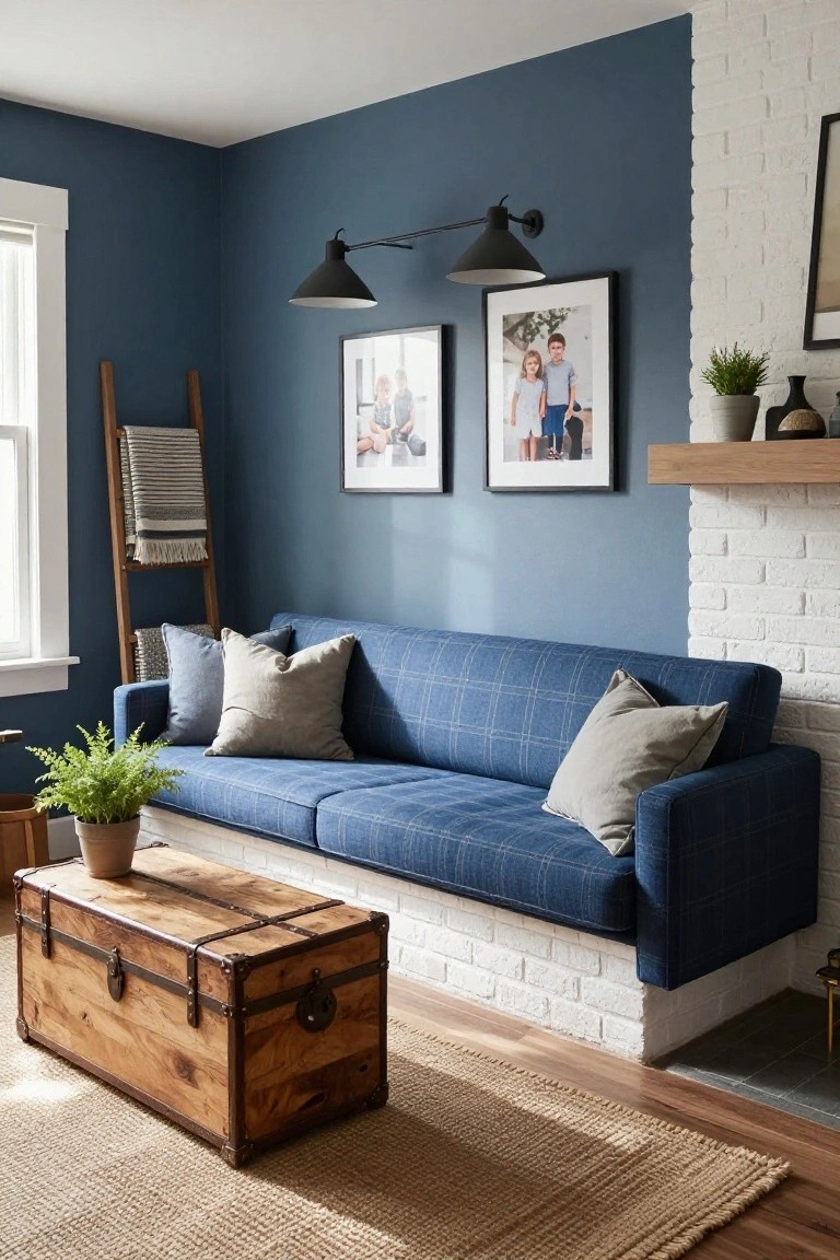 Cozy living room corner with navy blue walls, blue plaid sofa on a platform, white brick fireplace, wooden trunk coffee table, ladder rack with blankets, framed family photos, and potted plants on hardwood floors with a seagrass rug.