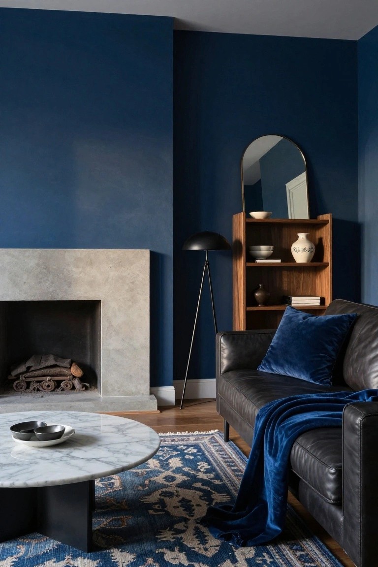 Living room with deep navy blue walls, black leather sofa with blue velvet pillows and throw blanket, white marble round coffee table, wood open bookshelf with ceramics, gold arched mirror, black tripod floor lamp, and limestone fireplace holding firewood logs on a blue patterned rug.