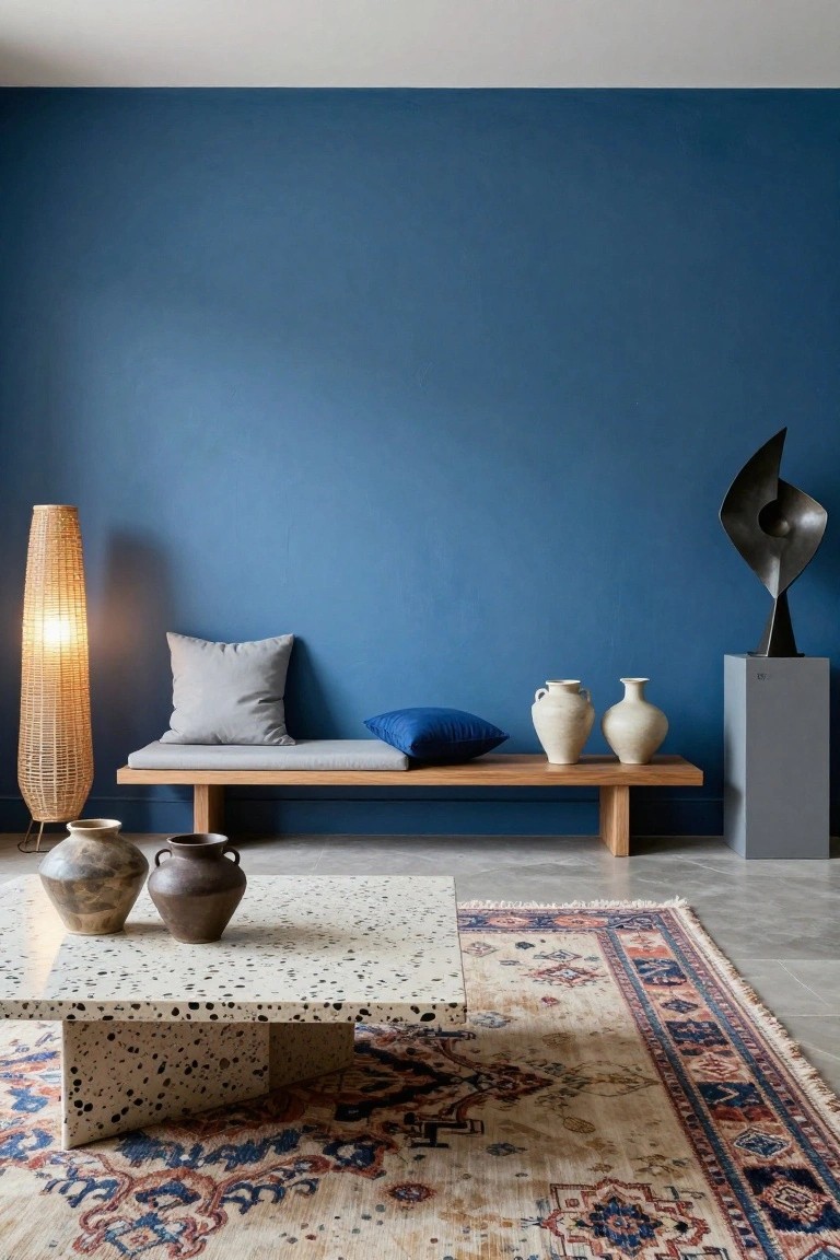 Living room with deep navy blue walls, wooden bench with gray and blue cushions, low white-speckled coffee table holding brown ceramic vases, bamboo floor lamp, Persian-style rug, white vases on bench, and black abstract metal sculpture on gray pedestal.