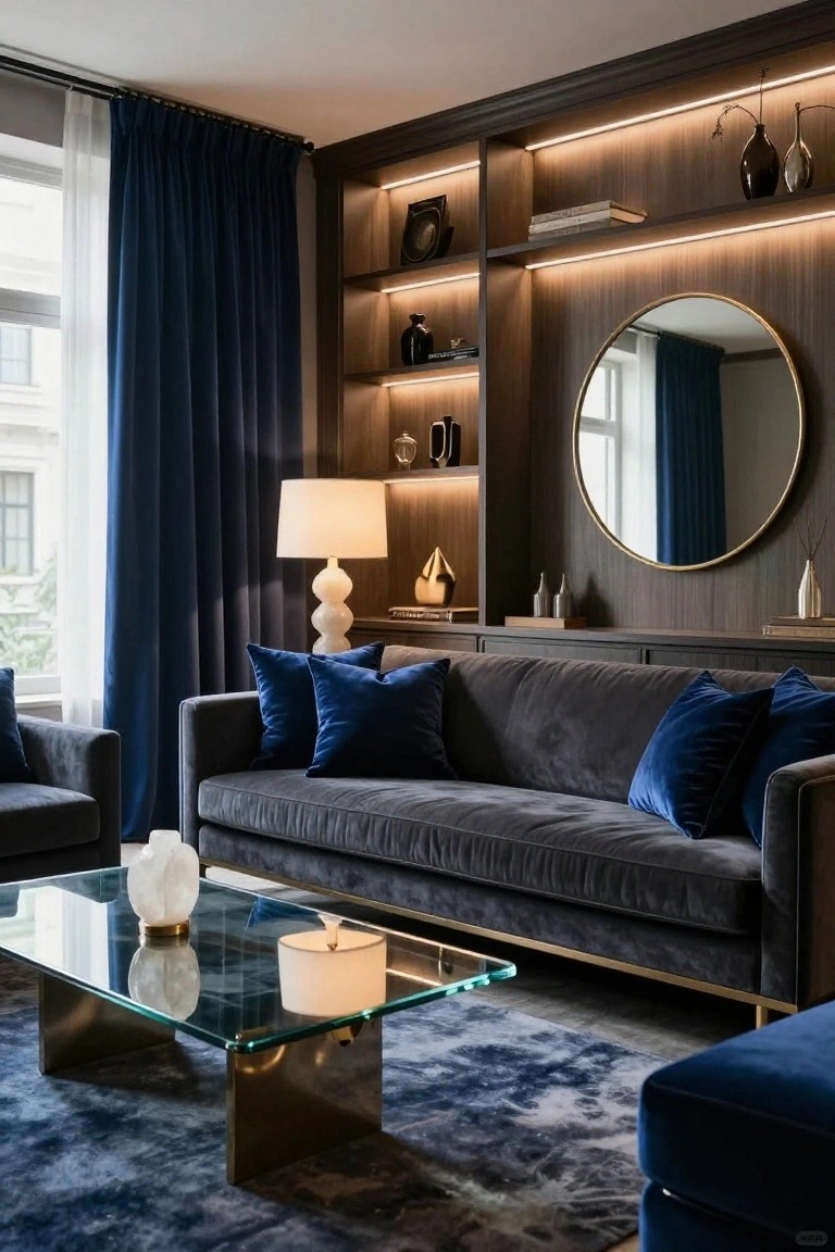 Modern living room with gray velvet L-shaped sofa and armchairs accented by blue velvet pillows, brass-based glass coffee table, illuminated wood shelving unit with decor, large round gold mirror, and navy blue curtains by a window.