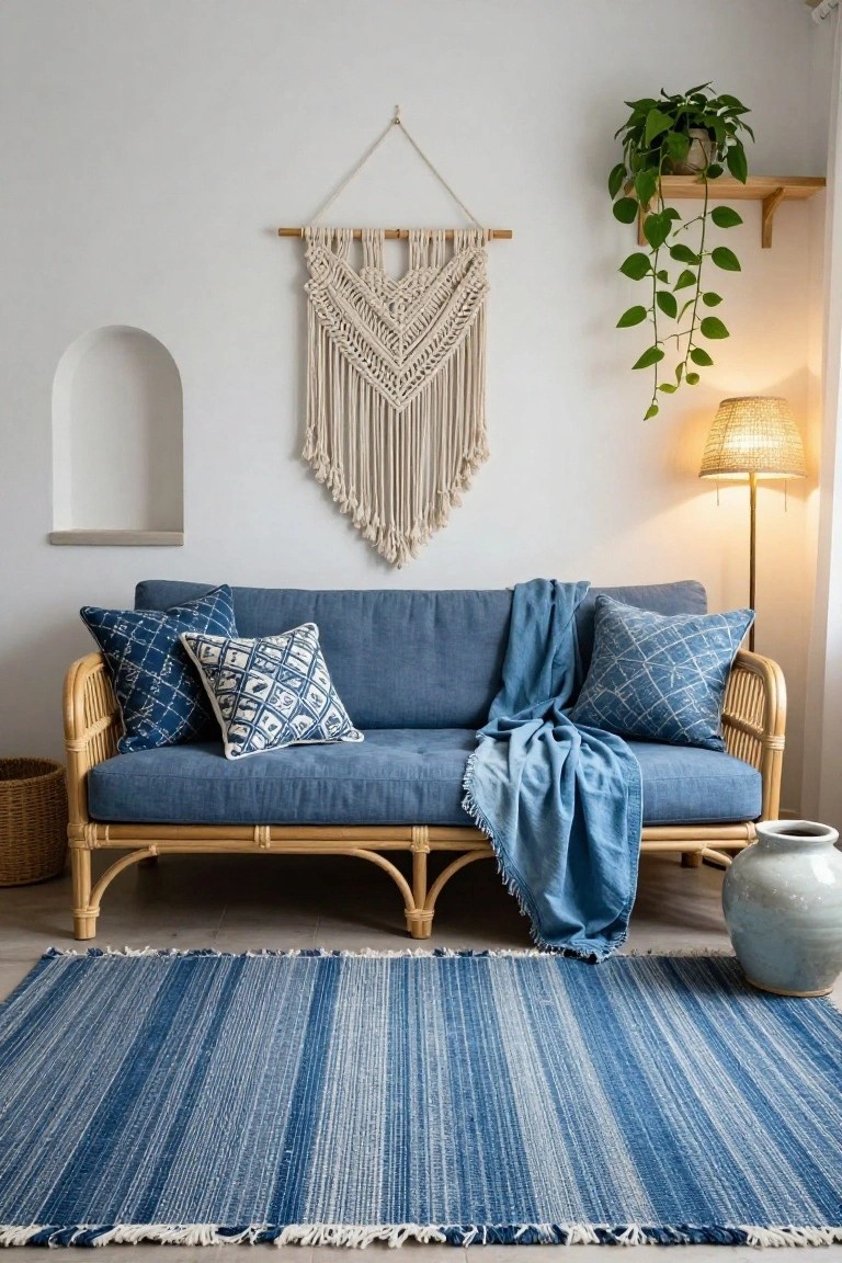 White-walled living room with rattan sofa in blue cushions and throw blanket, macrame wall hanging, trailing plant on shelf, arched niche, floor lamp, blue striped rug, and ceramic vase.