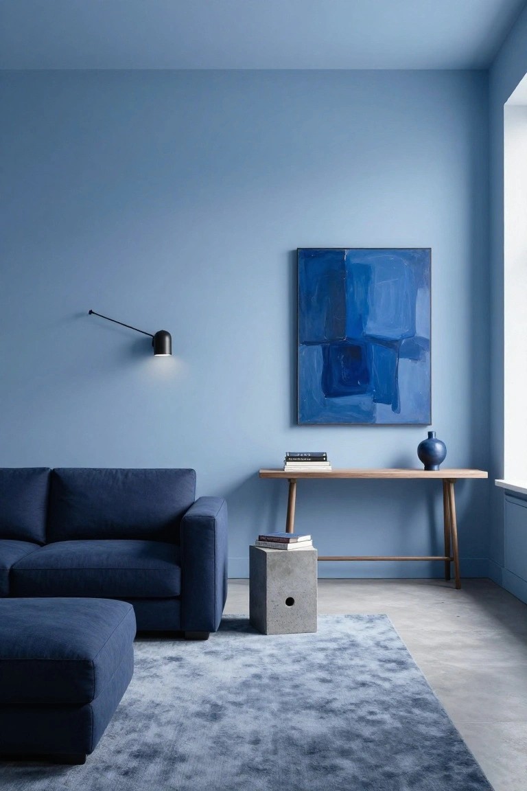 Light blue living room with navy sofa and ottoman on a blue rug, wooden console table holding books and a blue vase, abstract blue painting on the wall, black wall lamp, and window beside a concrete floor.