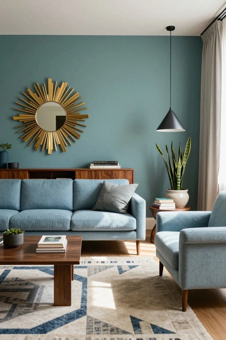 Living room featuring teal walls, a blue three-seat sofa and matching armchair, wooden credenza and coffee table, gold sunburst mirror, snake plant in a white pot, small potted plants, books, and a geometric rug on hardwood floors.