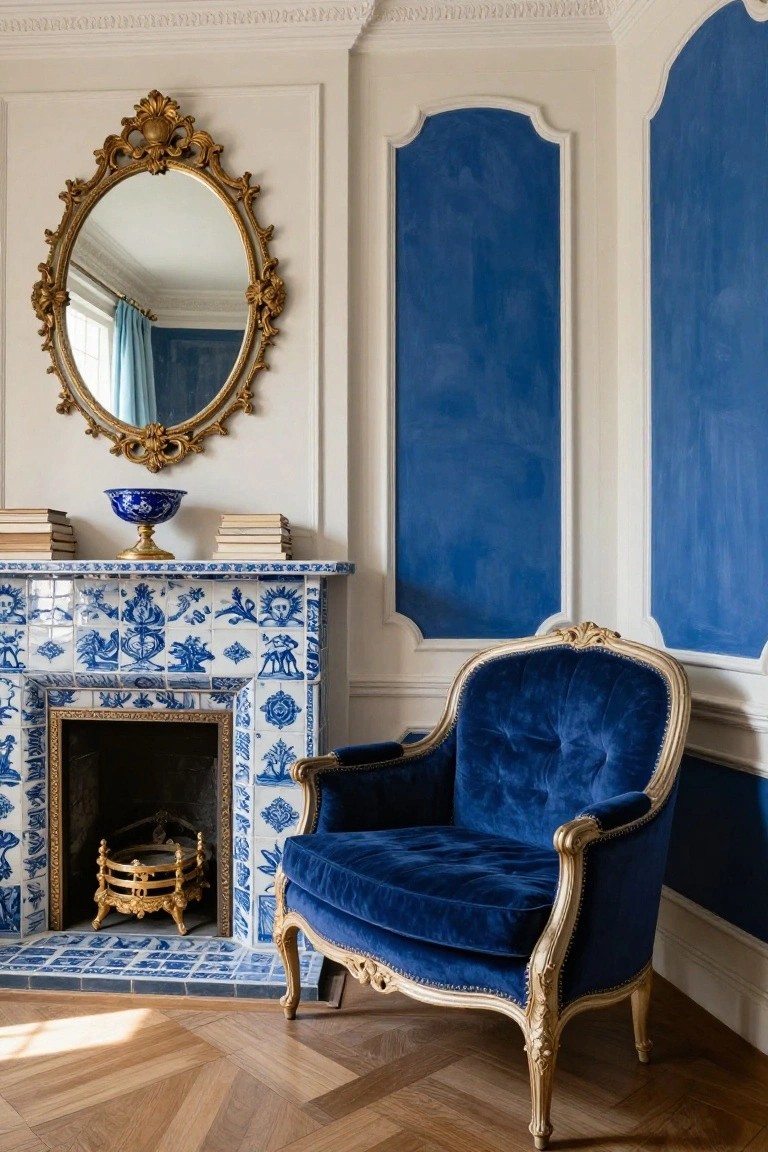 Rococo living room corner with blue-and-white Delft-style tiled fireplace, gold fire tools, blue velvet armchair, ornate gold mirror above mantel, blue wall panels, and parquet floor.