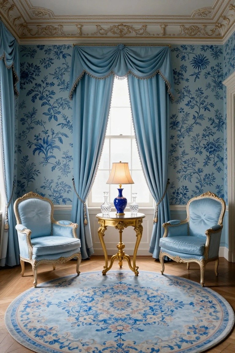 Blue Rococo living room with floral chinoiserie wallpaper on walls, matching blue draperies at windows, two blue velvet armchairs flanking a small gilded table holding lamps and vases, centered on a round rug with blue floral design.