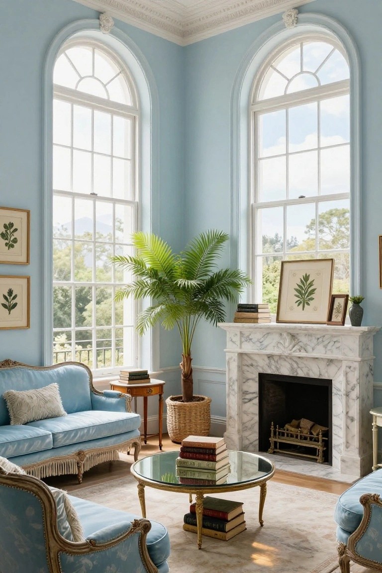 Pale blue corner living room with Rococo-style blue velvet sofa and armchairs arranged around a marble fireplace, tall potted palm plant, glass coffee table with stacked books, and large arched windows showing trees outside.