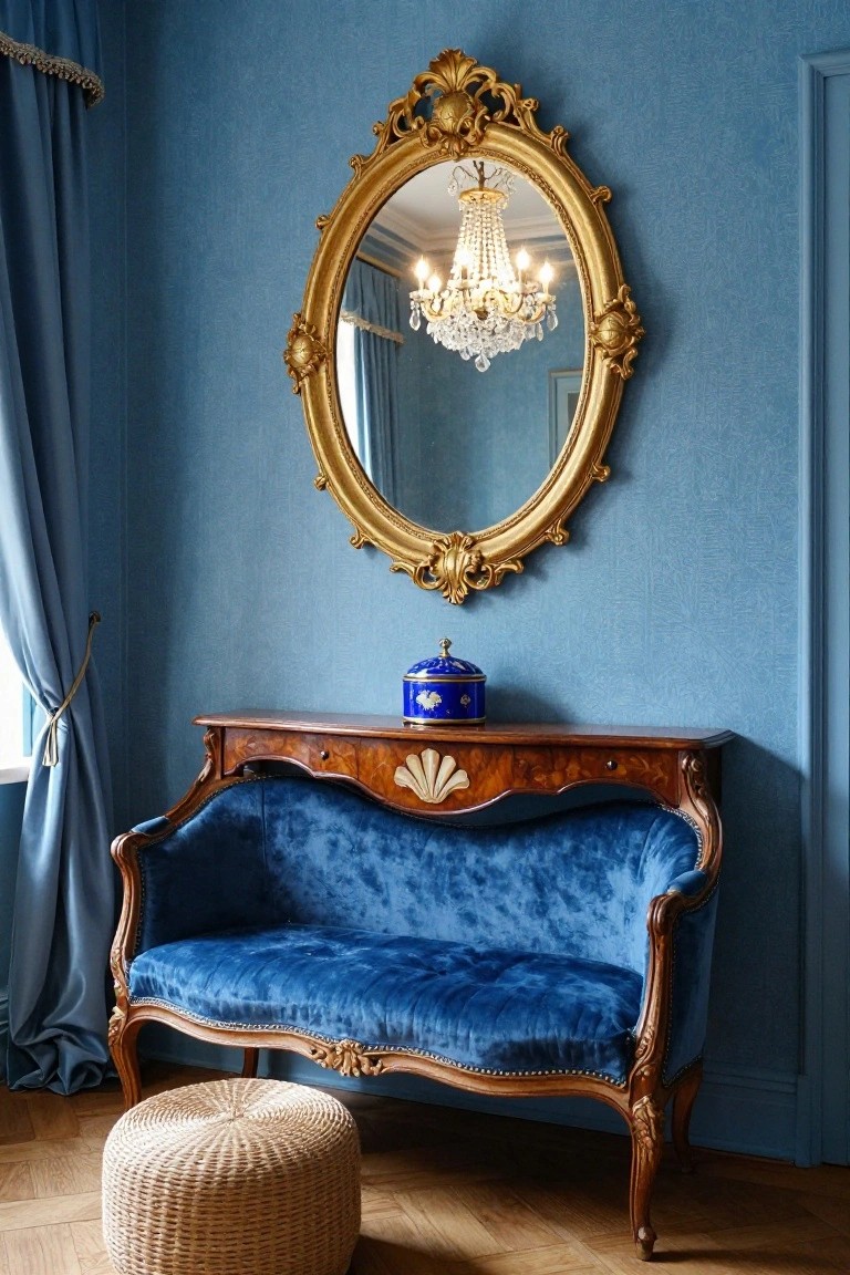 Corner of a blue room with ornate gold oval mirror reflecting chandelier, wooden console table topped with blue porcelain jar, curved blue velvet Rococo settee, woven pouf stool, and blue drapes on parquet floor.