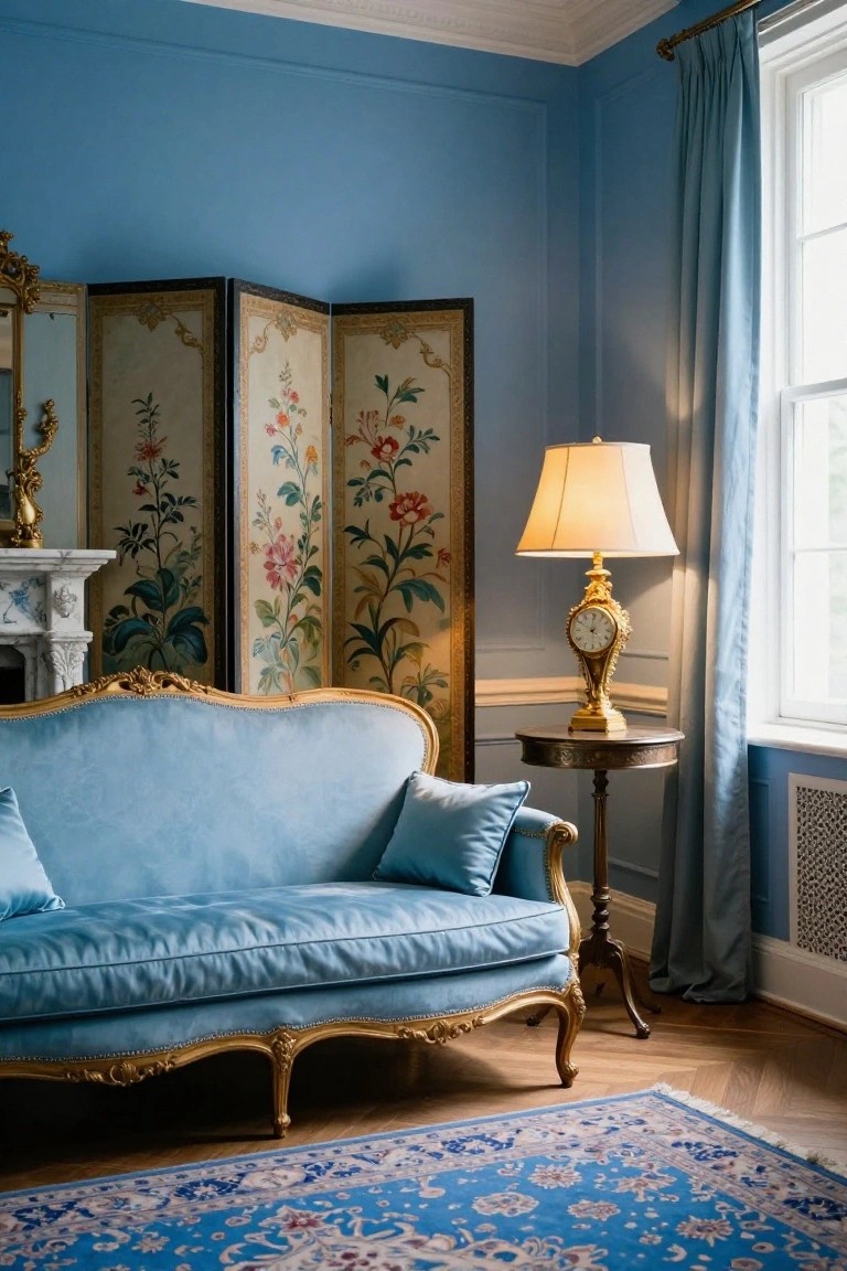 Turquoise blue velvet Rococo-style sofa with gilded frame and legs in a corner of a blue-walled living room with painted folding screens, ornate lamp and clock on a side table, marble fireplace, and blue rug.