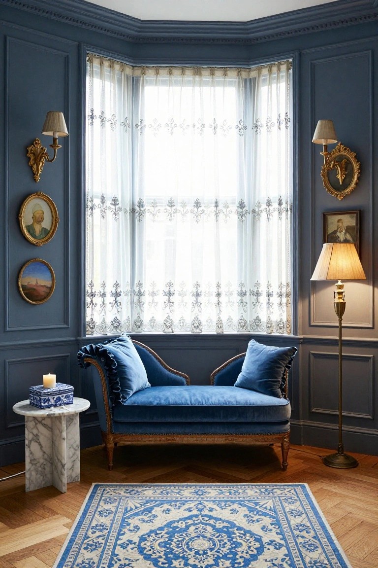 Blue Velvet Chaise in Bay Window Nook