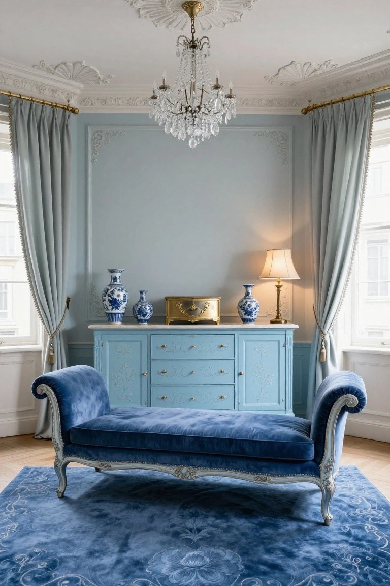 Light blue living room corner with turquoise velvet chaise lounge on blue rug in front of matching carved blue cabinet topped by blue porcelain vases, brass lamp, gold box, crystal chandelier overhead, pale blue walls and drapes.