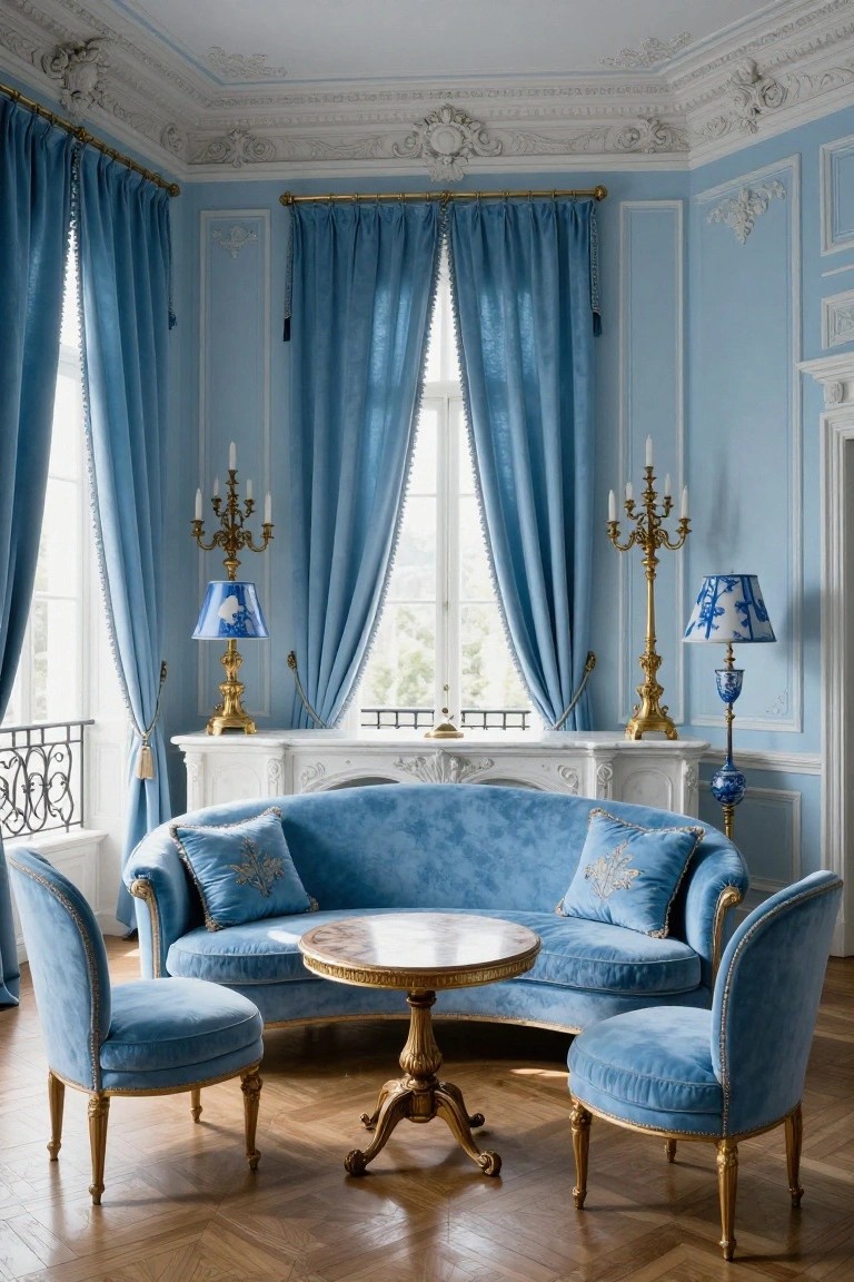 Light blue paneled living room with curved blue velvet sofa, two matching armchairs, round marble-topped table on gold base, gold candelabras with blue shades, white marble fireplace, and blue velvet curtains on tall windows.