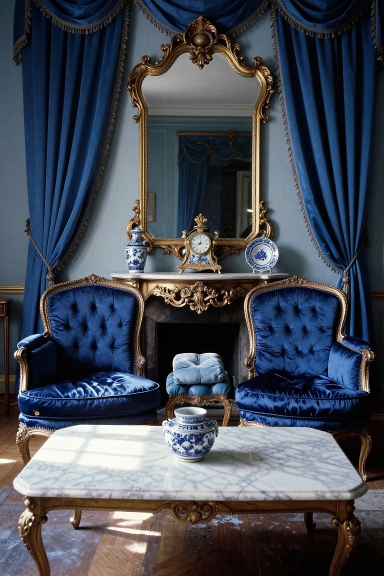 Blue velvet tufted armchairs with gold Rococo frames flanking a marble-top table in front of a fireplace, with gold mirror, clock, and porcelain above the mantel in a room with blue drapes.