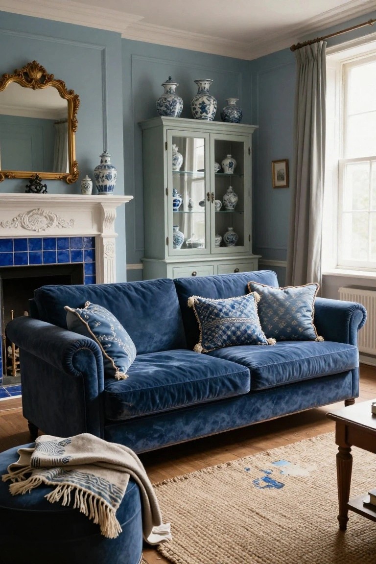 Pale blue living room with deep blue velvet sofa, ornate white fireplace with blue tile surround, chinoiserie cabinet filled with blue-and-white porcelain, gold rococo mirror, and gray curtains at tall window.