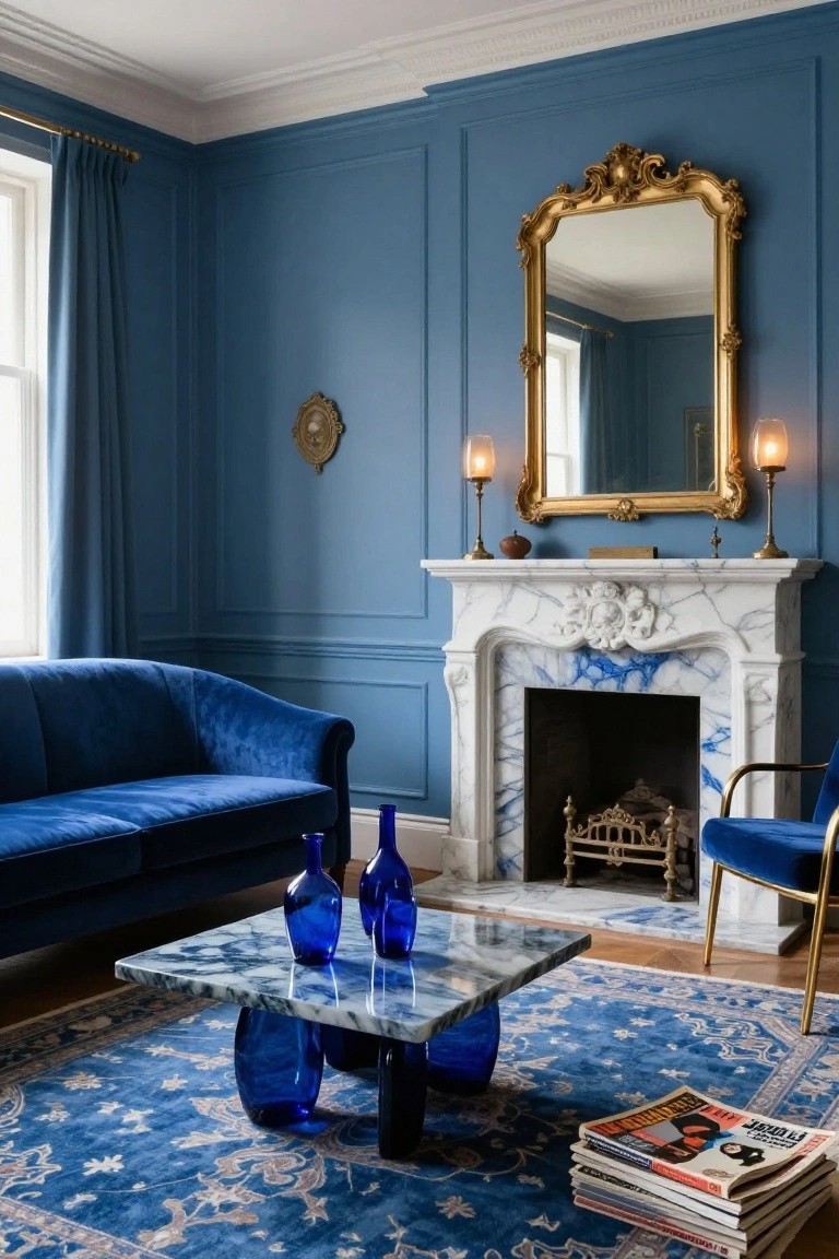 A living room featuring deep blue paneled walls, a curved blue velvet sofa and matching chair, blue glass bottle vases on a marble-topped coffee table with glass legs, an ornate white marble fireplace with blue veining, and a large gold-framed mirror above flanked by candelabras.