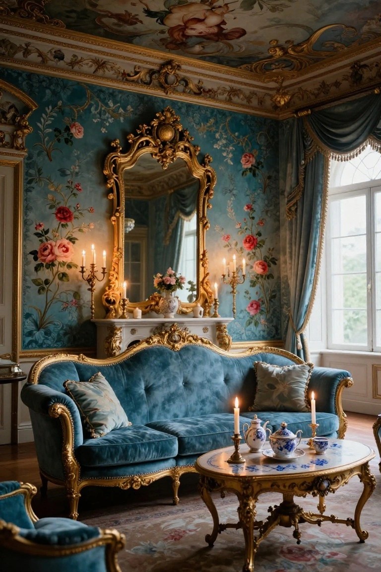 A turquoise Rococo living room with blue velvet sofas and armchairs, gold-gilded frames, floral chinoiserie wallpaper, a large mirror over a mantel, and a marble-top coffee table set with porcelain and candles.