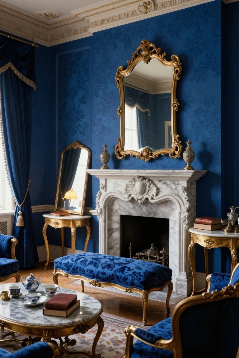 A Rococo-style living room with deep blue patterned walls, a white marble fireplace, gold-framed mirrors and furniture, blue velvet chairs and ottoman, and marble-topped tables arranged around a central low table.