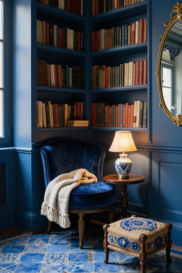 Blue-painted corner room with floor-to-ceiling bookshelves filled with books, blue velvet tufted armchair with cream knit throw, round wooden side table holding porcelain lamp, woven footstool, and ornate gold-framed mirror.