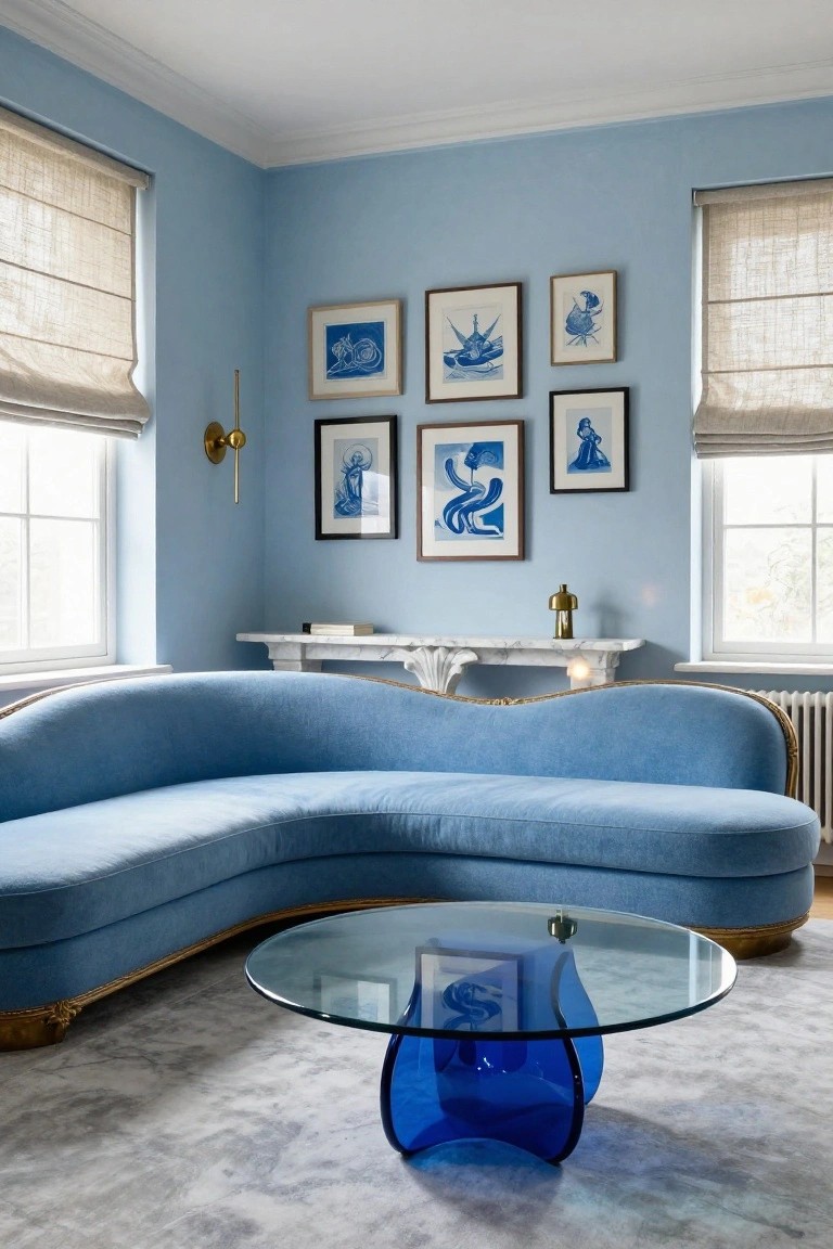 Light blue living room corner with curved blue velvet sofa on gold legs, blue glass coffee table, marble console table, gold lamp, and blue-toned framed artwork on walls.