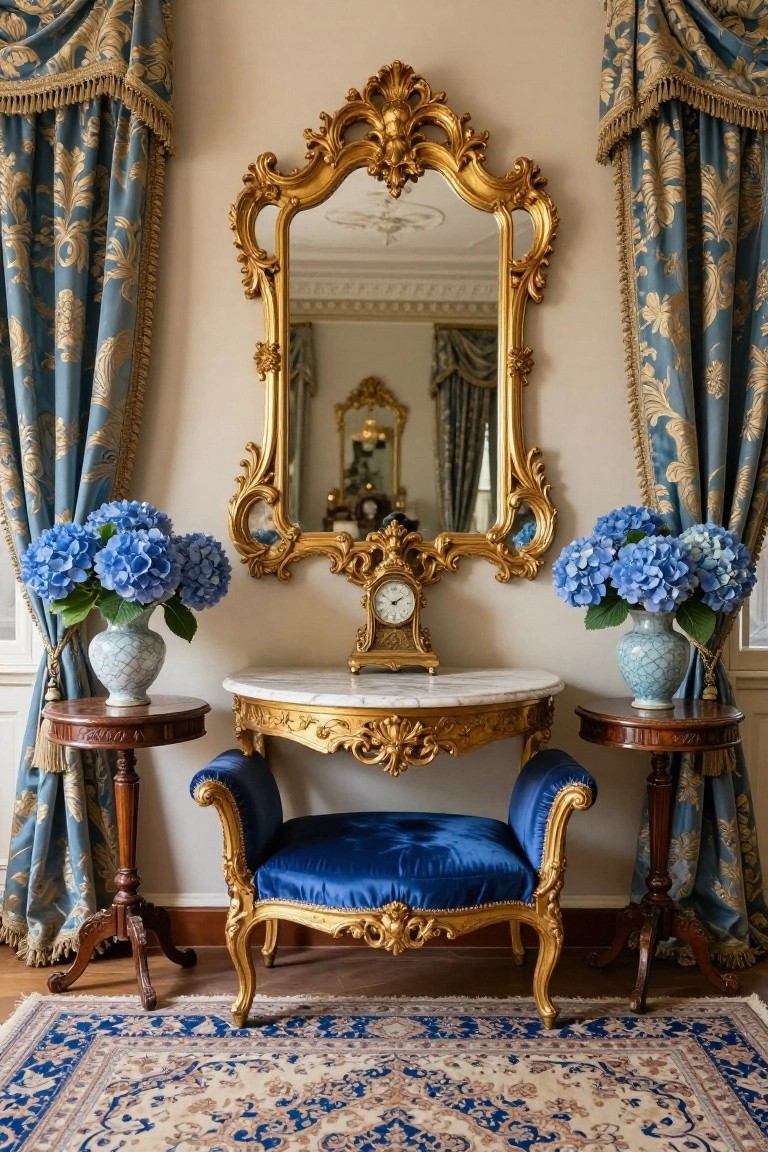 Ornate gold-framed mirror above a marble-topped gilded console table holding an antique clock, flanked by blue hydrangea arrangements in crackle-glazed vases on wooden side tables, with a blue velvet upholstered chair in front, blue draperies, and a blue and cream rug in a formal interior space.