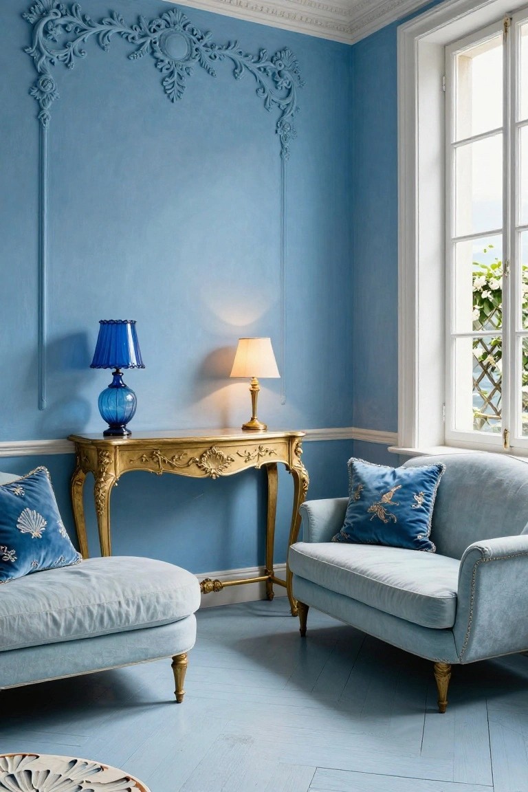 Light blue corner of a living room featuring a gold Rococo console table with blue and beige lamps, two blue velvet armchairs with shell-patterned pillows, blue-painted parquet floor, and a tall window with white frame.