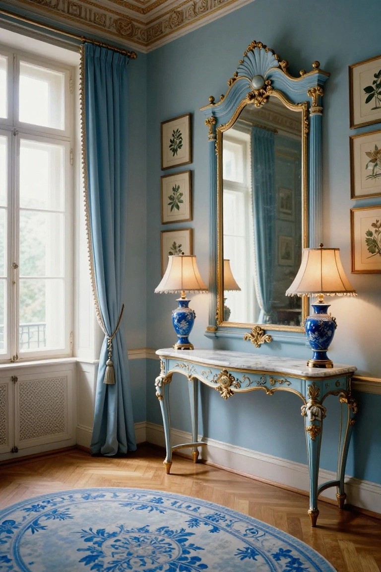 Light blue interior room with a powder blue Rococo-style console table topped with blue porcelain lamps and vases, under a matching ornate gilded mirror, blue drapes at the window, and botanical prints on the walls.