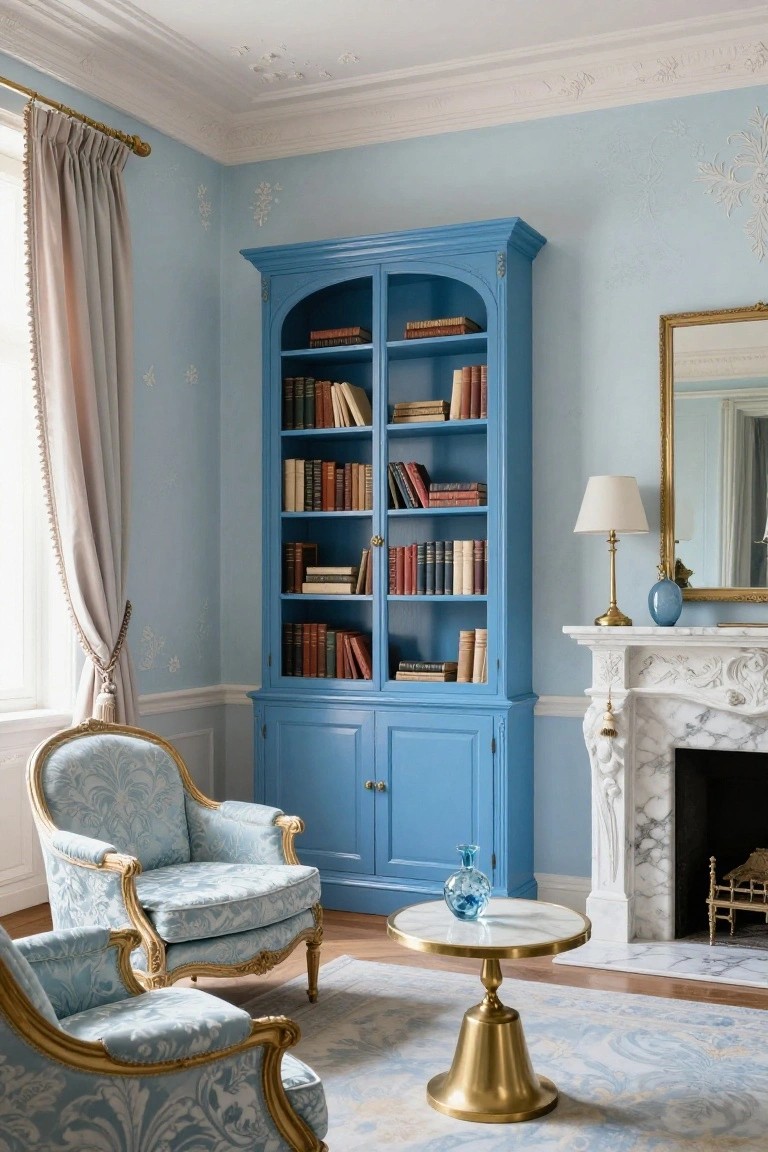 Light blue living room interior with tall arched blue bookcase filled with books, two matching blue Rococo armchairs, marble fireplace, brass lamp, and gold-accented table.