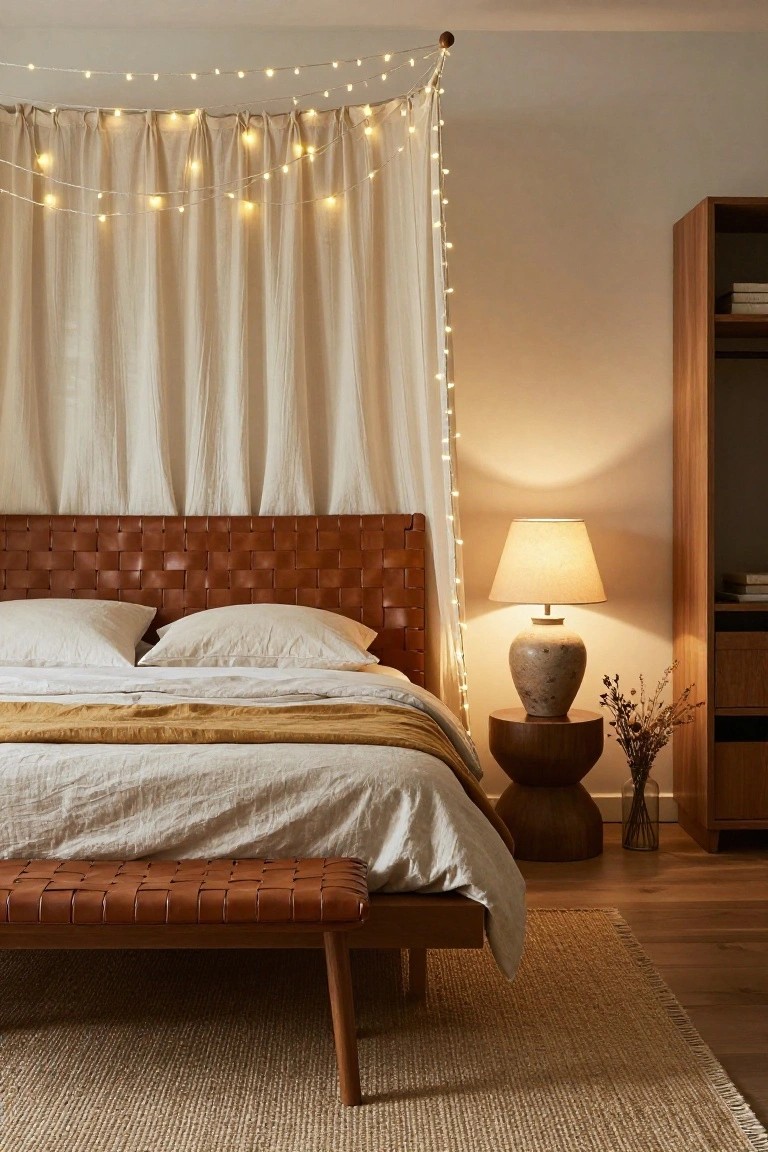 Bedroom with platform bed featuring brown woven leather headboard and foot bench, white linen bedding topped with mustard yellow throw, sheer white curtains draped from ceiling with white fairy lights, ceramic lamp on drum stool with dried branches, wooden wardrobe and shelf unit, seagrass rug on wood floor.