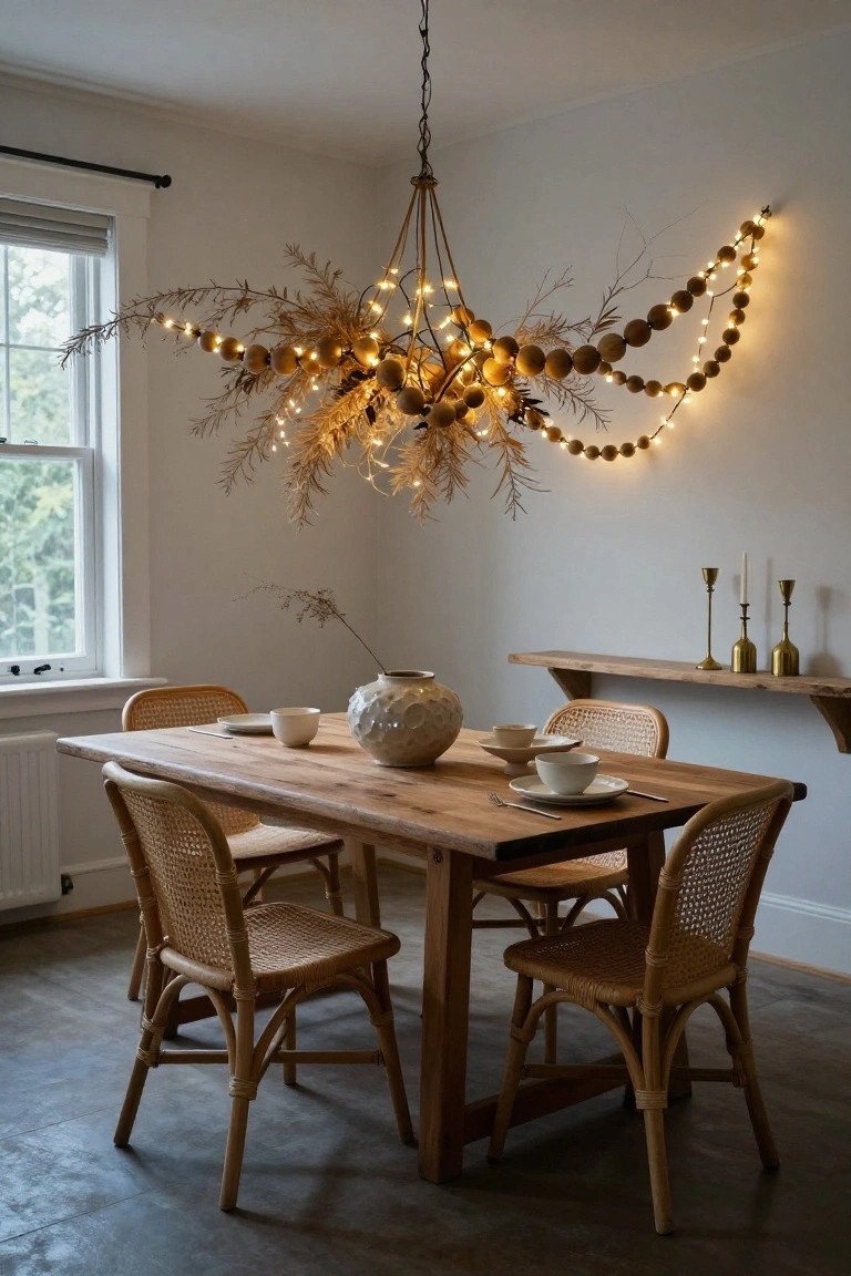 Dining room featuring a wooden table set with white dishes, rattan chairs, a large textured ceramic vase, and a hanging boho chandelier of dried pampas grass, fairy lights, and wooden beads draped from the ceiling.