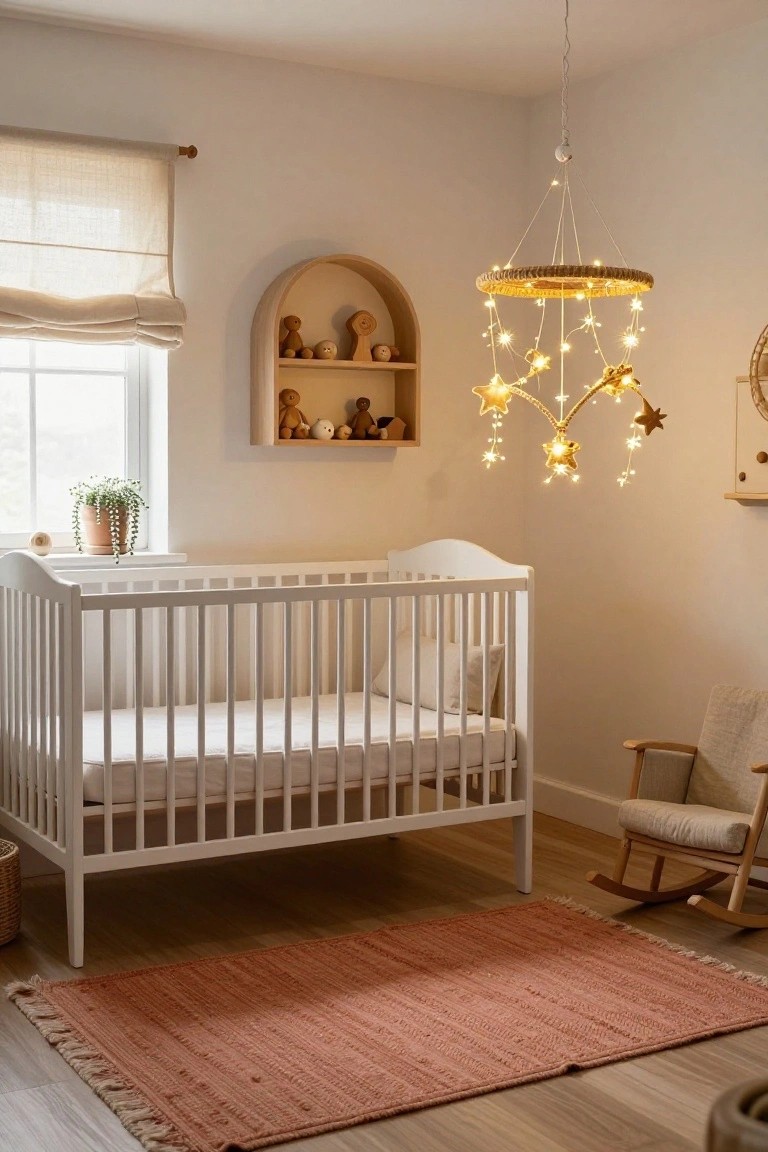 A nursery interior with a white crib under a hanging golden mobile featuring fairy lights, woven hoop, and star shapes, plus a wooden shelf of toys, rocking chair, beige rug, and potted plant by the window.