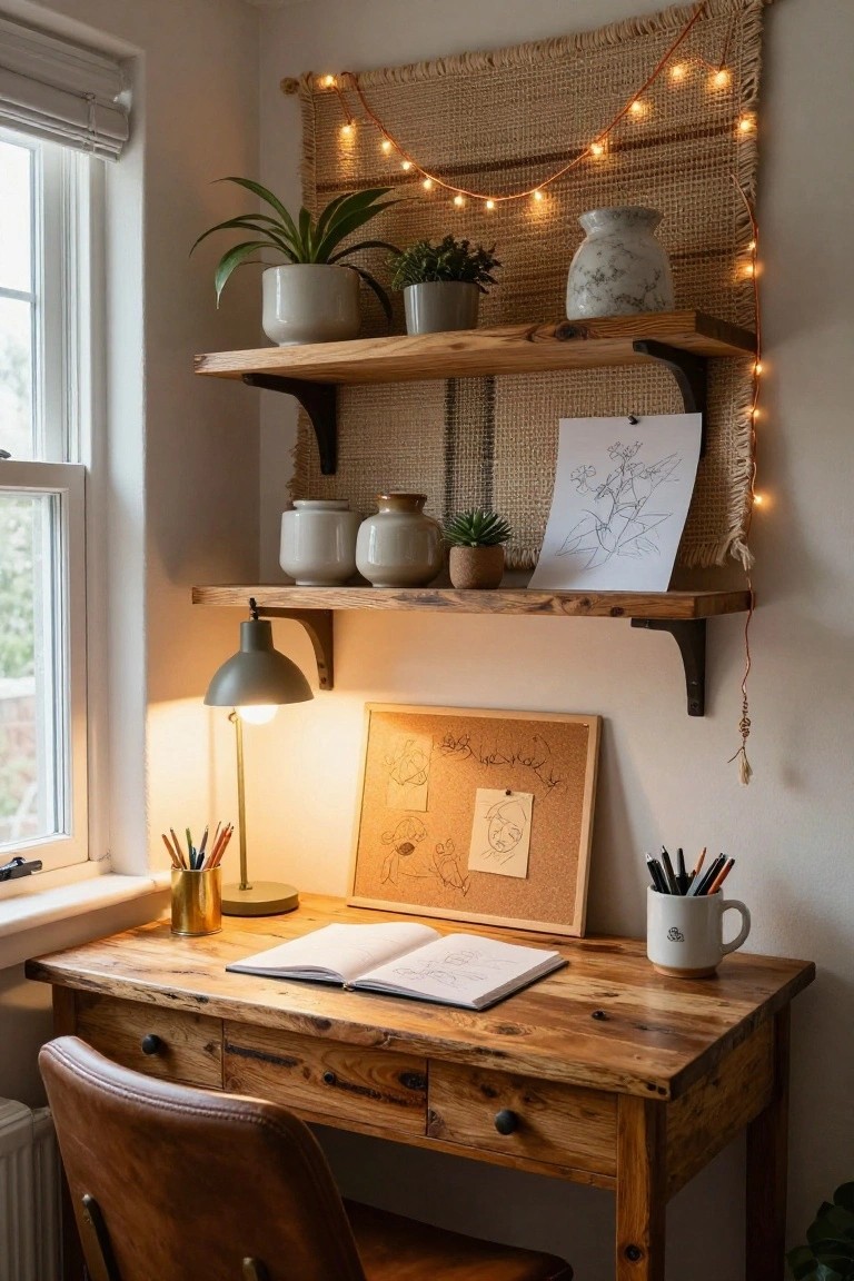 Corner indoor workspace with wooden desk and leather chair, open notebook, pencils, mug, corkboard with drawings, wooden shelves holding plants and pottery, woven wall hanging draped with fairy lights, desk lamp, and window with blinds.