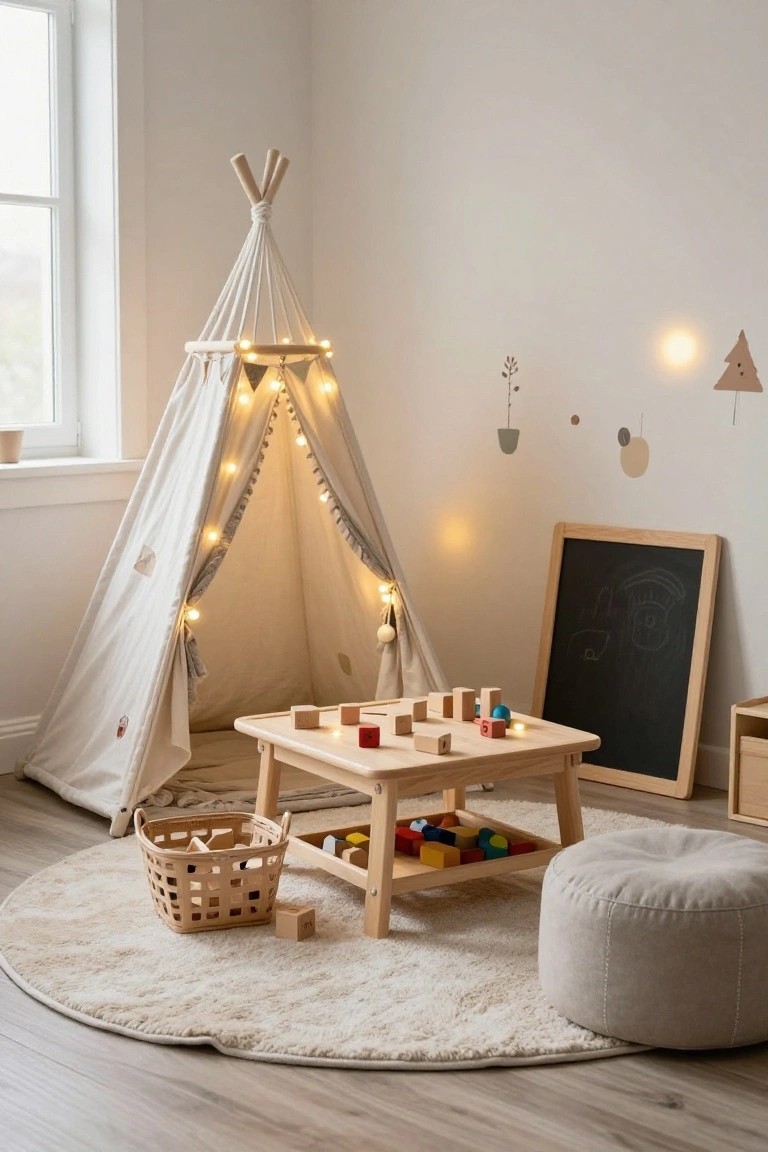 Beige canvas teepee tent lit with fairy lights in a neutral-toned children's playroom with wooden table holding blocks, blackboard easel, toy basket, pouf stool, and round rug on light wood floor.