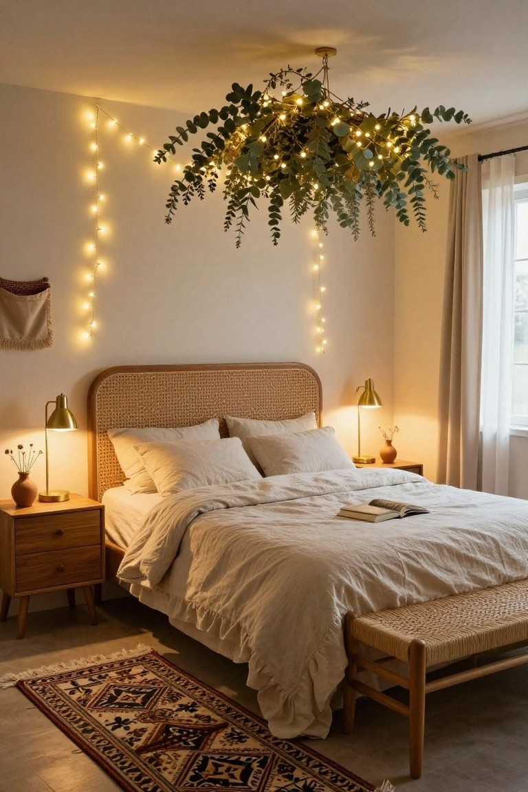 Bedroom interior with a rattan headboard bed covered in white linens, wooden nightstands with gold lamps and vases, a hanging eucalyptus installation with fairy lights from the ceiling, string lights draped on a white wall, sheer curtains on a window, a bench at the bed foot, and a patterned rug on the floor.