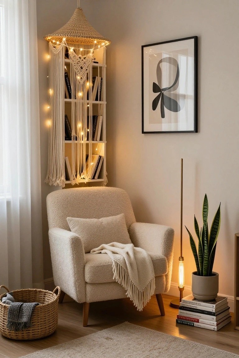 Cozy corner of a light beige room with a cream upholstered armchair draped in a white throw, macrame-wrapped white bookshelf strung with fairy lights holding books, tall snake plant in a pot next to a brass floor lamp, abstract black and white framed art on wall, woven basket with gray blanket on wood floor.