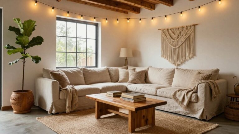 Cozy beige living room with corner sofa, wooden coffee table topped with books and a pumpkin, woven pouf, potted fiddle leaf fig plant, macrame wall hanging, and multiple warm bulb string lights draped across wooden ceiling beams.