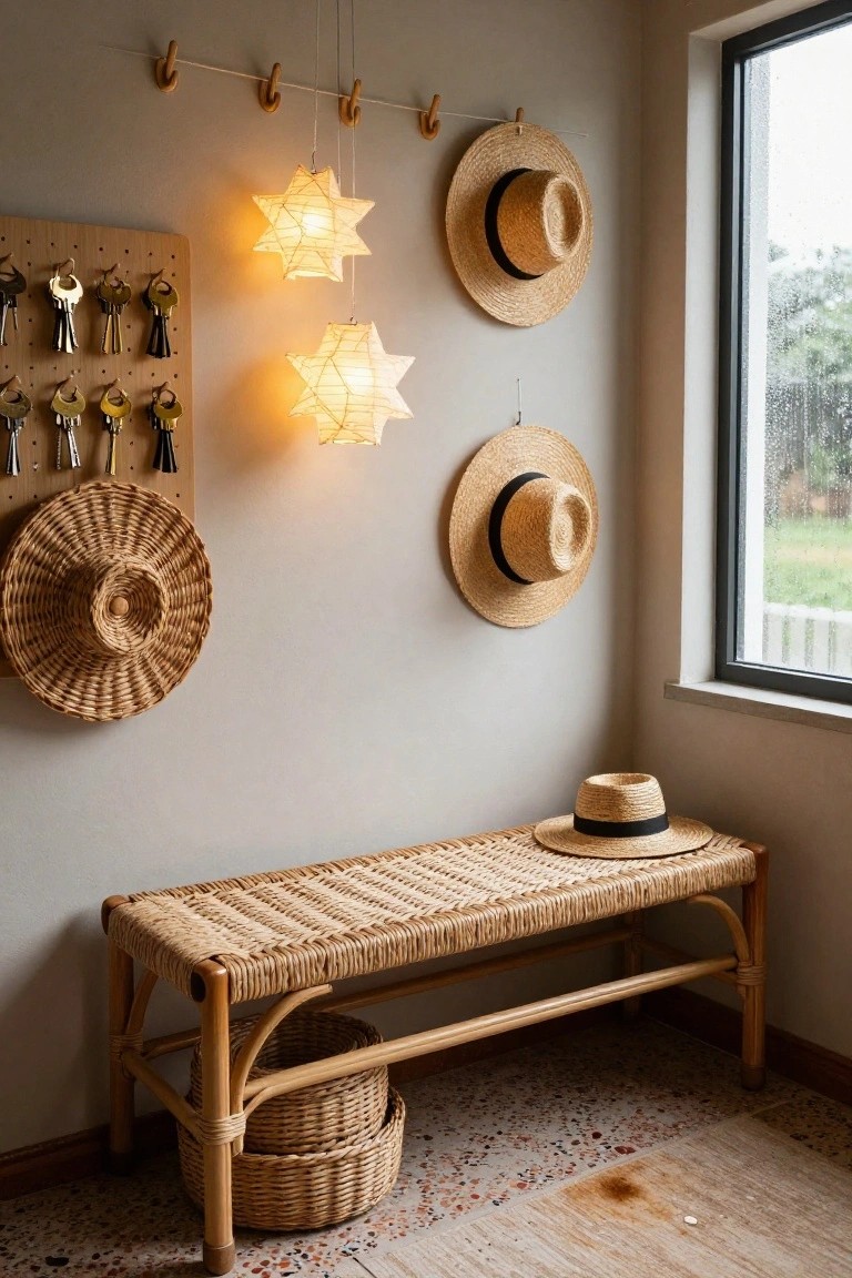 Interior room corner featuring two glowing star-shaped paper lanterns hanging from wooden hooks, multiple straw hats displayed on walls and a bench, a pegboard key rack, and a woven rattan bench with a basket underneath next to a window with rain outside.