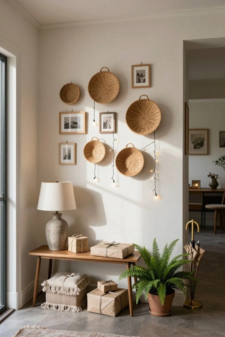 Interior corner with multiple woven baskets hanging on a white wall, fairy lights draped around them, wooden frames with photos, a bench holding plants gifts and cushions, a ceramic lamp, fern in a pot, umbrella stand, and doorway leading to another room.