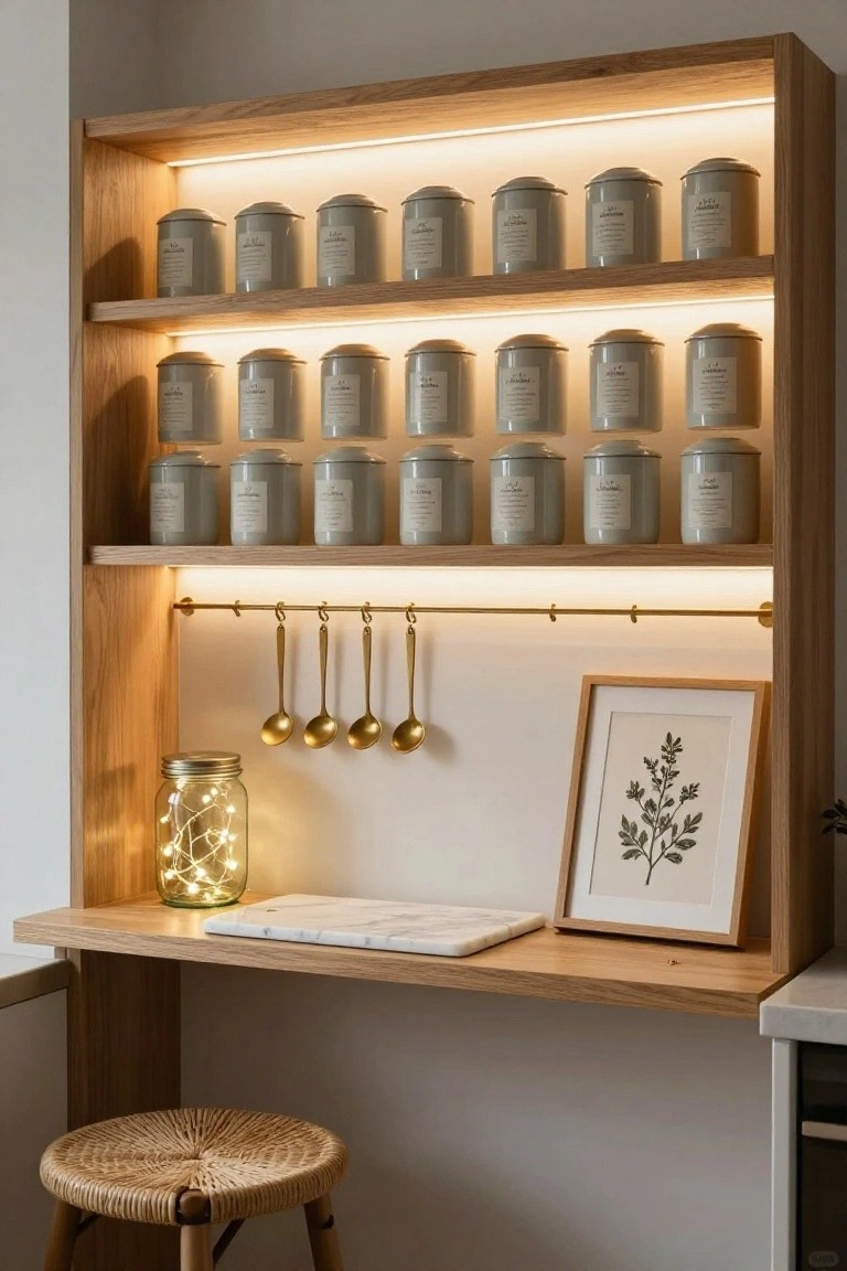 Wooden open shelving unit on a kitchen wall holding multiple gray tea tins illuminated by warm LED strips underneath, with hanging gold spoons on a brass bar, a fairy light-filled glass jar, white marble tray, framed botanical print, and rattan stool below.