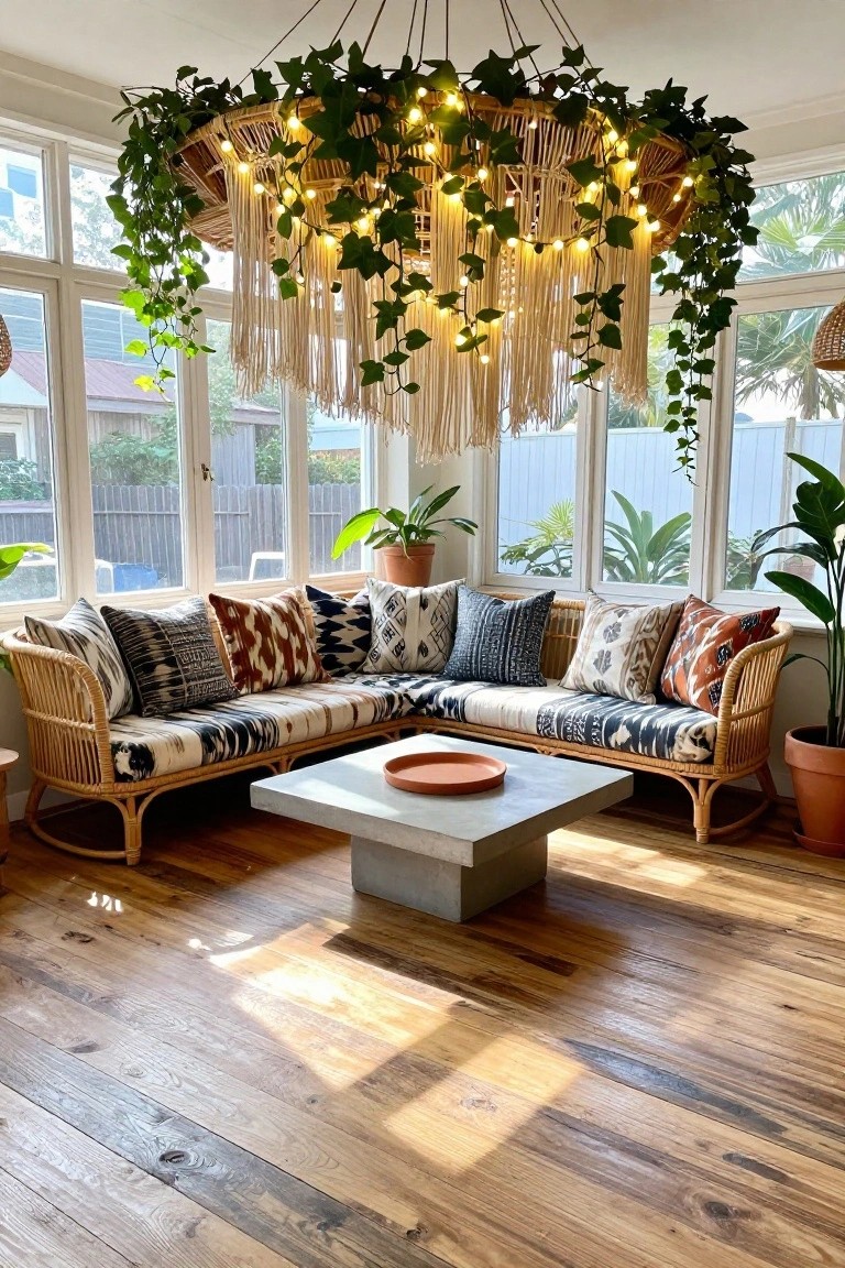 Indoor corner seating area with rattan sofa piled with patterned pillows, white concrete table, potted plants, wooden floors, and large overhead rattan chandelier draped with ivy and fairy lights, large windows showing greenery outside.