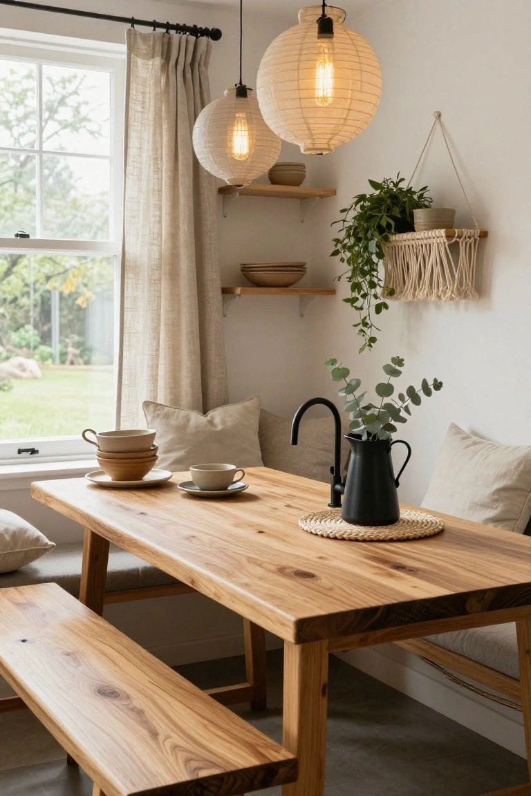 Dining nook with live-edge wooden table and benches, multiple hanging paper lanterns with exposed bulbs, eucalyptus in black pitcher on table, stacked ceramic bowls and cups, potted plants on wall shelves, large window with sheer linen curtains overlooking garden.