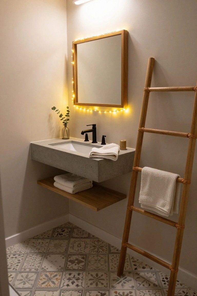Bathroom corner featuring a floating concrete sink with black faucet, wooden-framed mirror edged with yellow string lights, eucalyptus in a glass vase, wooden ladder towel rack, and patterned tile floor.