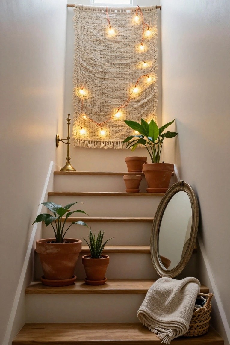 Interior staircase with a beige woven wall hanging strung with small warm lights, flanked by potted plants in terracotta pots, a brass candelabra, an oval mirror, and a basket holding a cream throw blanket on the bottom step.