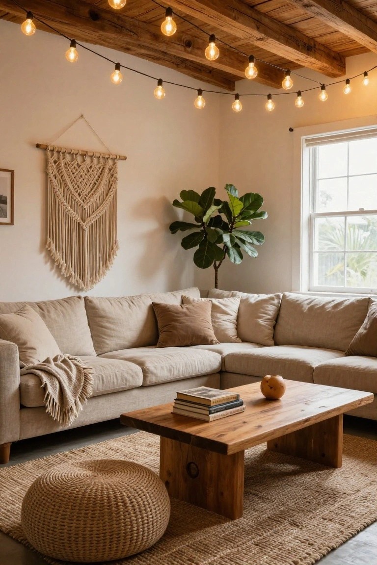 Cozy beige living room with corner sofa, wooden coffee table topped with books and a pumpkin, woven pouf, potted fiddle leaf fig plant, macrame wall hanging, and multiple warm bulb string lights draped across wooden ceiling beams.
