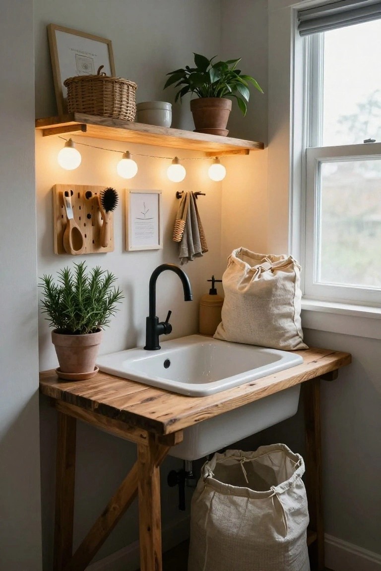 Corner of a room with a wooden table holding a white porcelain sink and black faucet, potted rosemary plant nearby, wooden shelves stocked with baskets and ceramics above lit by warm white globe string lights, beige laundry bags on the floor, and a window with gray blinds.