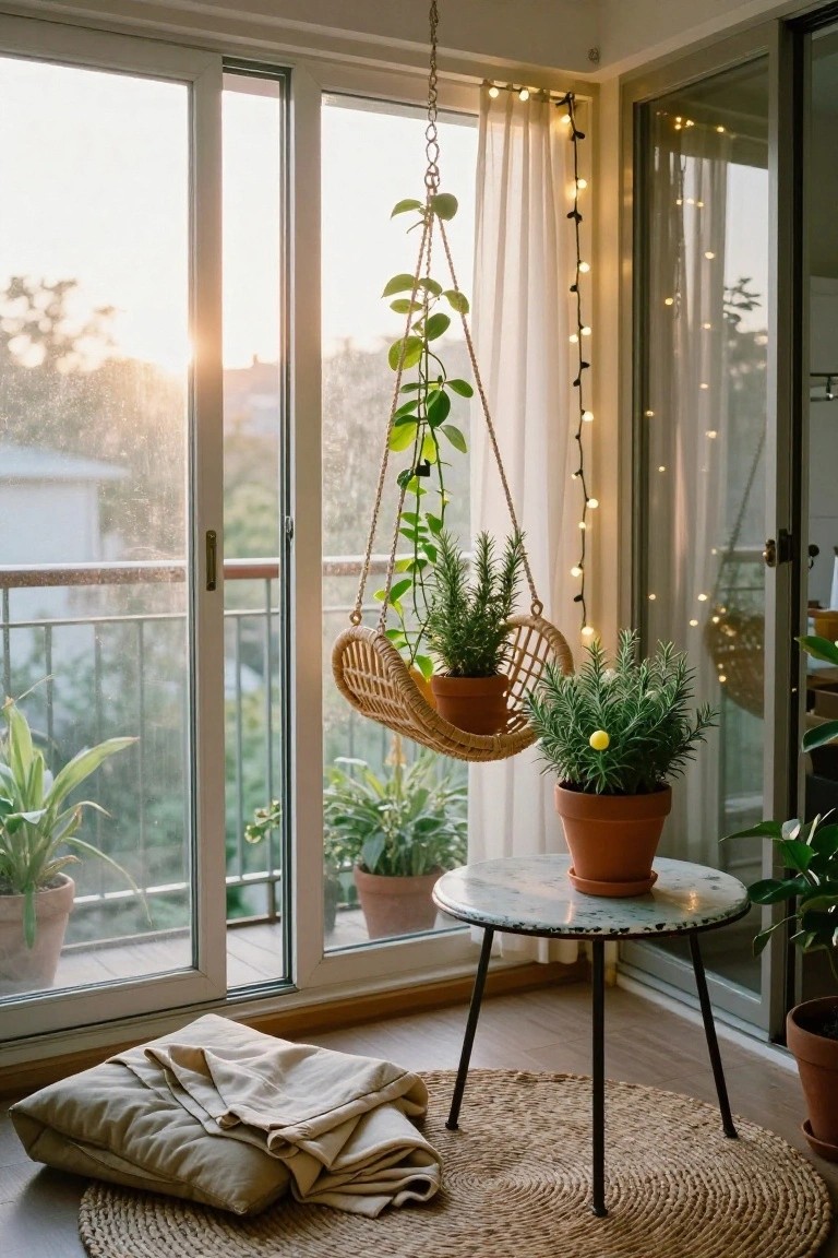 Indoor room corner with sliding glass balcony doors, draped fairy lights on sheer curtains, rattan hanging basket with two potted rosemary plants, small round metal table holding a terracotta pot with plant, floor plants, woven rug, and folded beige blanket.