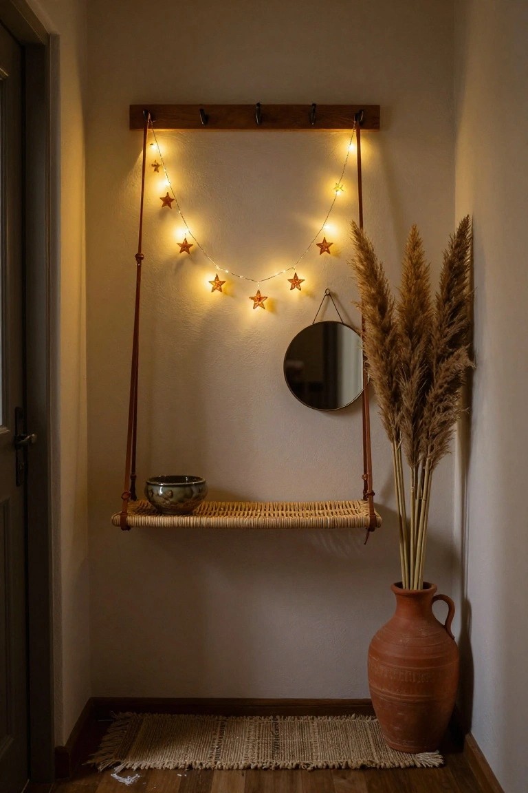 Narrow indoor hallway with light wood floor and beige walls, featuring a wall-mounted wooden coat rack, rope-suspended rattan shelf holding a ceramic bowl, round black-framed mirror, tall pampas grass bundle, large terracotta pot, draped star fairy lights, and woven rug on the floor.