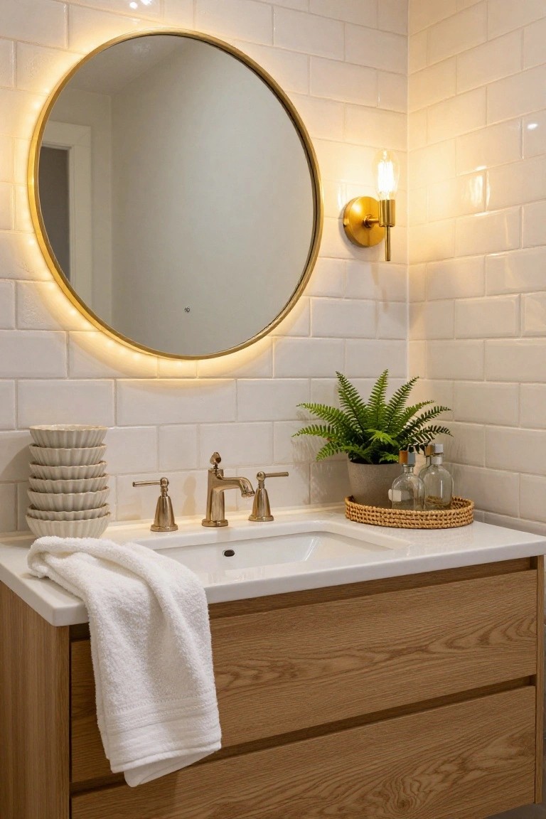 Bathroom vanity area with oak cabinets, white sink, gold faucet, round gold-framed mirror with LED backlight, white subway tile walls, potted fern plant, stacked white bowls, white towel, and woven tray holding glass bottles.