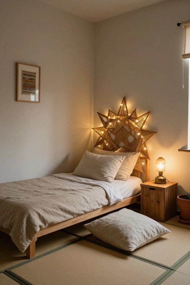 Bedroom with low wooden bed dressed in beige linens, wooden nightstand holding glass lamp and plant, large star-shaped rattan wall hanging with fairy lights above headboard, beige walls, framed artwork, bamboo blinds, and tatami floor mat.