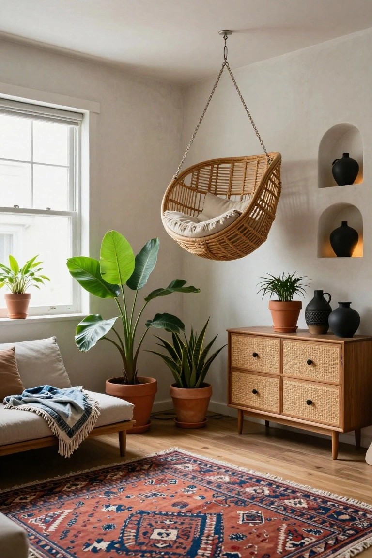 Living room corner featuring a suspended rattan hanging chair with beige cushions, surrounded by potted plants including a large bird of paradise, a rattan dresser, and a red and blue Persian rug on light wood floors.